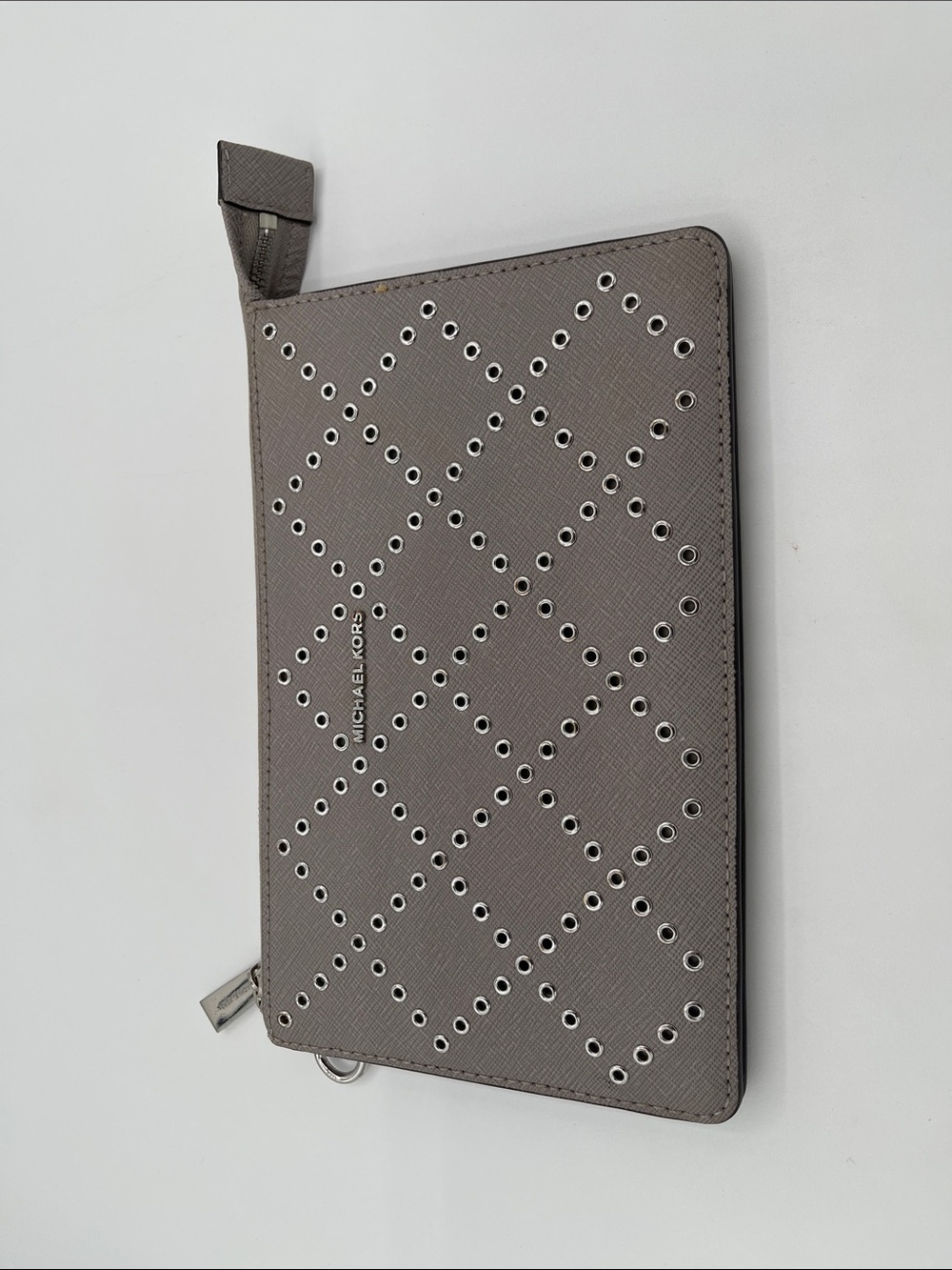 Michael Kors Grey Eyelet Zip Wristlet Saffiano Leather Trim Clutch